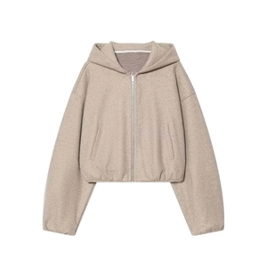 Women's oatmeal v-neck hooded zip-up cropped jacket with soft texture and long sleeves