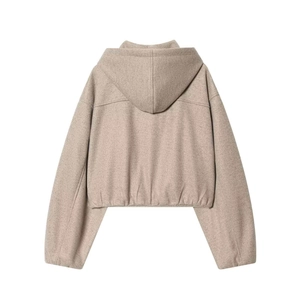 Oatmeal color hooded cropped jacket with dropped shoulders and thick wool-like fabric