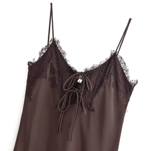 Deep brown satin camisole dress with eyelash lace trim and bow knot details