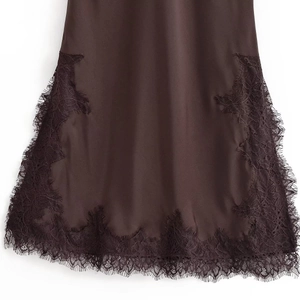 Deep brown satin slip midi dress featuring delicate eyelash lace trim on the hemline