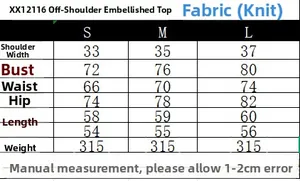 Detailed size chart with measurements for the off-shoulder knitted long sleeve top