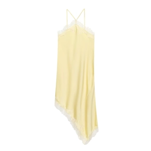 Robe nuisette en satin jaune pâle avec bordure en dentelle blanche et fines bretelles