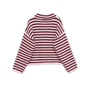 Pull en maille rayé rose et bordeaux avec col à revers et double fermeture éclair