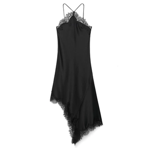 Damen Elegant Schwarz Satin Kleid Sexy Spitzenbesatz Überkreuzte Träger Ärmellos Asymmetrischer Saum Midi Kleid Sommer Party