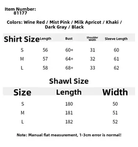 Size guide for slim fit velvet top and shawl set in various colors and dimensions