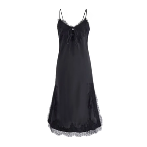 Sleek black satin backless dress with lace trim and bow accent for a sexy look