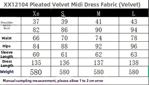 Guide des tailles pour robe midi en velours plissé avec mesures buste, taille et longueur