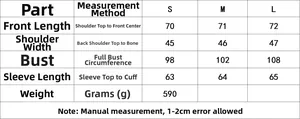 Size chart showing garment measurements for the street style plaid blazer jacket