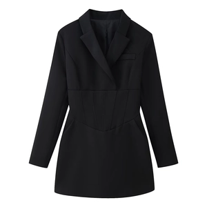 Vestido blazer negro entallado de manga larga con detalle de cintura para mujer