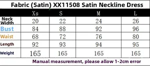 Detailed size chart for the backless satin halter dress featuring measurements XS to L