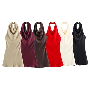 Women Sexy Halter Neck Cowl Neck Satin Mini Dress Backless Sleeveless Summer Party Banquet Polyester Satin Short Dress