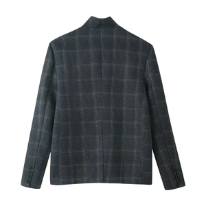 Back view of a charcoal grey plaid blazer featuring a mandarin collar and buttoned cuffs