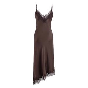 Detail view of coffee satin dress featuring delicate lace trim and asymmetric hemline