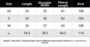Size guide table for puff sleeve poplin shirt showing length, shoulder, sleeve and bust data