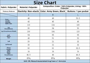 Tableau des tailles pour veste bomber femme avec mesures en CM et détails du tissu polyester