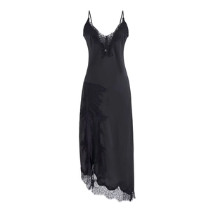 Close-up of black satin slip dress showing exquisite lace details on the V-neckline