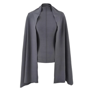 Detail of dark grey shawl with high stand collar and smooth knit fabric texture