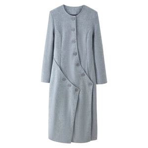 Cappotto Lungo da Donna Elegante in Misto Lana con Girocollo Design Asimmetrico Multibottone Vestibilità Aderente Grigio