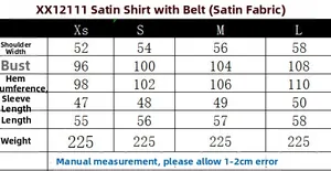 Size chart for the belted satin blouse with measurements for XS, S, M, and L sizes