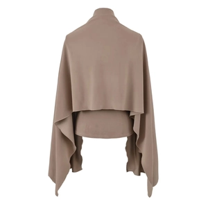 Detail view of the soft brown cape shawl featuring elegant draped pleats and a mock neck cut