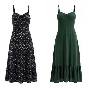 Abito Maxi Cami da Donna con Scollo a V Spalline Regolabili Orlo a Volant Schiena Arricciata Floreale Tinta Unita Estate Spiaggia