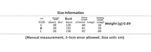 Detailed size chart for street fashion padded jacket showing S to L measurements in cm