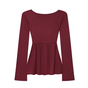 Detailed view of women's burgundy long sleeve top with waist knot and peplum hem design