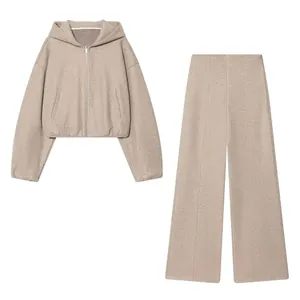 Women Oatmeal Khaki Long Sleeve Hooded Zipper Jacket Top and High Waist Wide Leg Pants Bottom Elegant Commute Style Fashion