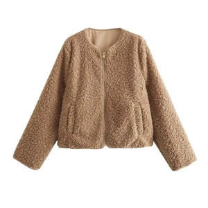 Brown fleece zip-up jacket with minimalist collarless design for autumn fashion wear
