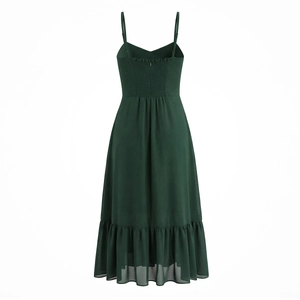 Abito lungo verde scuro con schiena scoperta, dettagli smock e orlo con volant chic