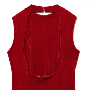 Elegant back view of a red velvet sleeveless dress with cutout detail and a halter neck