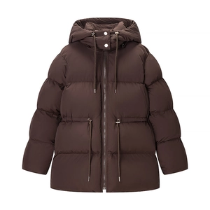 Women Fashion Quilted Hooded Puffer Coat Mid Length Long Sleeve Drawstring Waist Zip Up Solid Color Casual Winter Jacket Outerwear