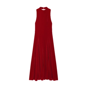 Elegant sleeveless dark red velvet maxi dress featuring a high neck and flowing A-line hem