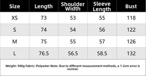 Size chart for wool blend short coat with length sleeve and chest measurements in cm