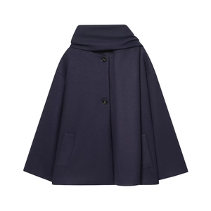 Women's Navy Blue Polyester Short Coat with Integrated Scarf Collar Long Sleeve Single Breasted Jacket for Autumn Winter