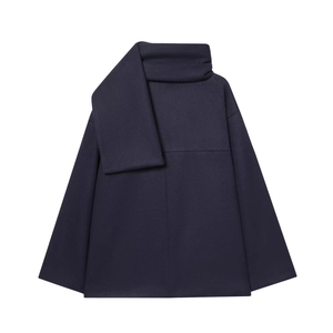 Detail of navy wool blend short coat featuring a minimalist scarf collar design