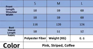 Size chart for women striped knitted jacket showing front length and bust measurements