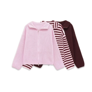 Women Street Style Striped Double Zipper Knit Cardigan Loose Long Sleeve Lapel Sweater Jacket Spring Casual Outwear