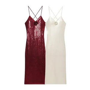 Elegant V-Neck Sequin Strappy Dress With 3D Floral Crisscross Back Bodycon Midi Evening Party Dress For Women