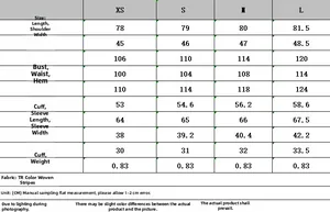 Detailed size chart for street fashion suit set with measurements in CM from XS to L
