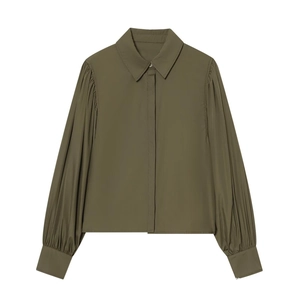 Women Casual Olive Green Poplin Shirt Puff Sleeve Hidden Button Pleated Shoulder Solid Color Long Sleeve Blouse Top