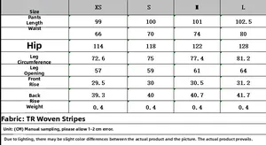 Size chart table for women's street style trousers with detailed measurements in CM