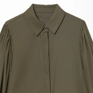 Olive green poplin shirt for women with puff long sleeves and pleated shoulder detail