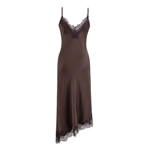 Elegant dark brown satin slip dress with black lace trim and irregular hemline