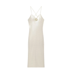 Elegant white sequin slip midi dress with 3D floral detail and cross back straps