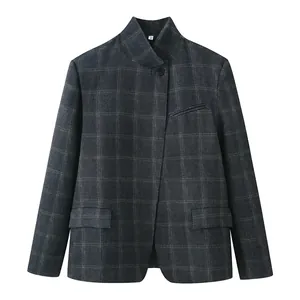 Women Casual Plaid Blazer Stand Collar One Button Streetwear Jacket Long Sleeve Gray Grid Outerwear For Office Ladies