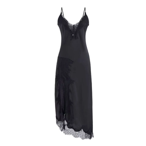 Elegant black silk-like slip dress with deep V-neck lace trim and asymmetric hem detail