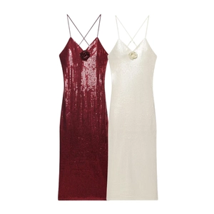 Sequin V-neck midi dress with crossbody straps and 3D flower detail in wine and cream