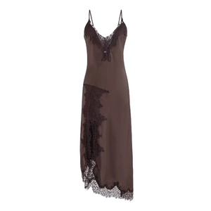 Elegant chocolate brown silk slip dress with lace trim and asymmetrical hemline