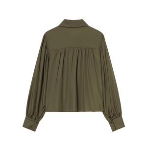 Olive green poplin shirt for women featuring voluminous puff sleeves and pleated back detail